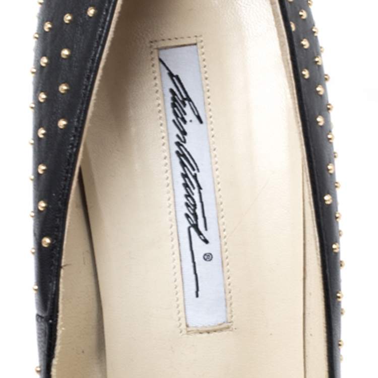 Pre Owned Brian Atwood Black Leather Studded Platform Pumps Size 38.5
