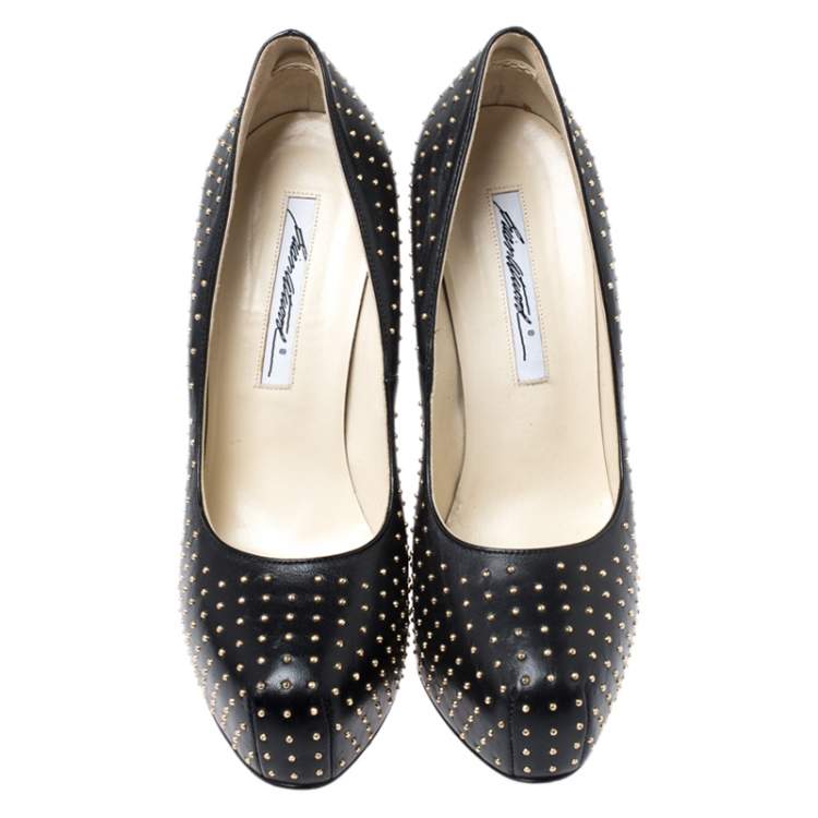 Pre Owned Brian Atwood Black Leather Studded Platform Pumps Size 38.5
