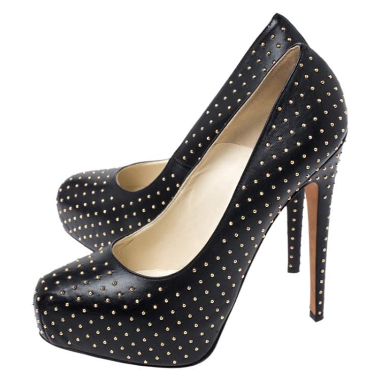 Pre Owned Brian Atwood Black Leather Studded Platform Pumps Size 38.5
