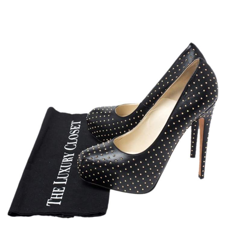 Pre Owned Brian Atwood Black Leather Studded Platform Pumps Size 38.5