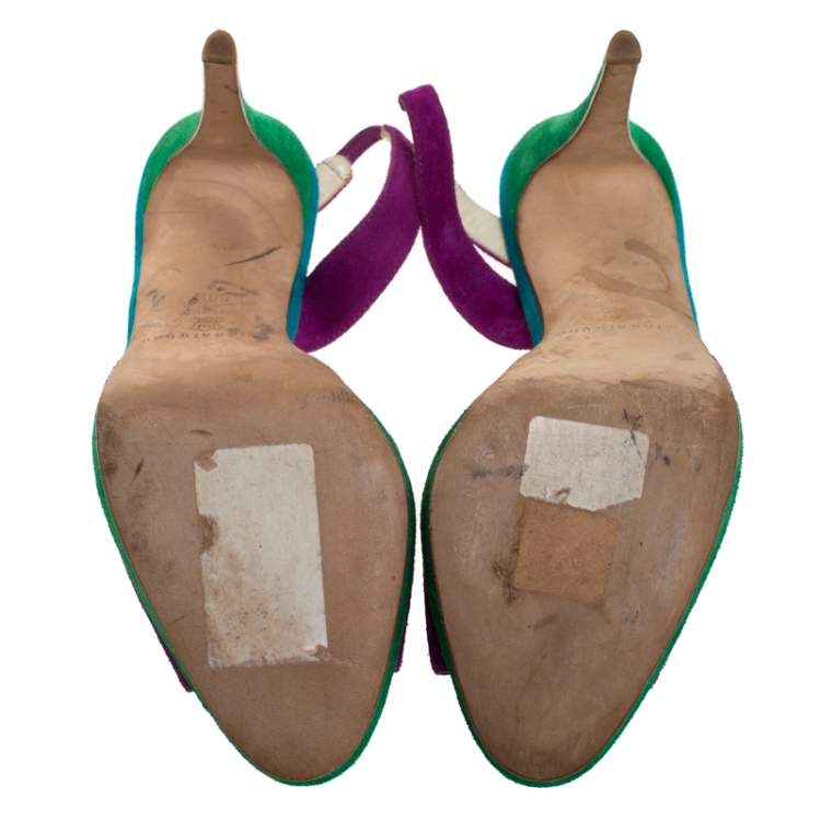 Pre Owned Brian Atwood Multicolor Suede Peep Toe Slingback Platform Sandals Size 39.5
