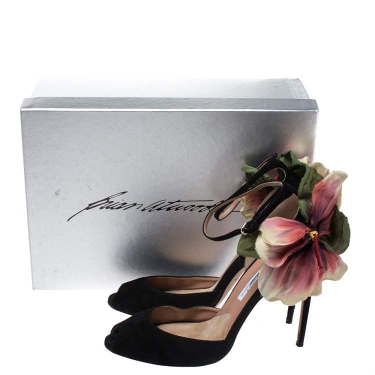 Pre Owned Brian Atwood Black Suede Peep Toe Ankle Strap Oriana Sandals Size 39