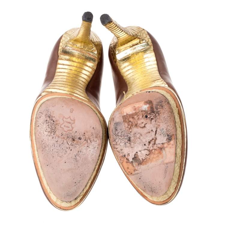 Pre Owned Brian Atwood Brown/Gold Leather and Python Effect Platform Pumps Size 38.5