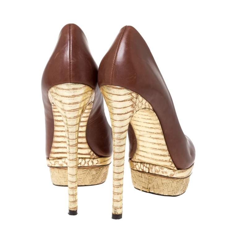 Pre Owned Brian Atwood Brown/Gold Leather and Python Effect Platform Pumps Size 38.5