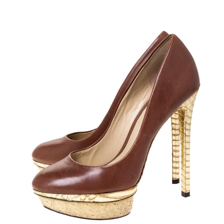 Pre Owned Brian Atwood Brown/Gold Leather and Python Effect Platform Pumps Size 38.5