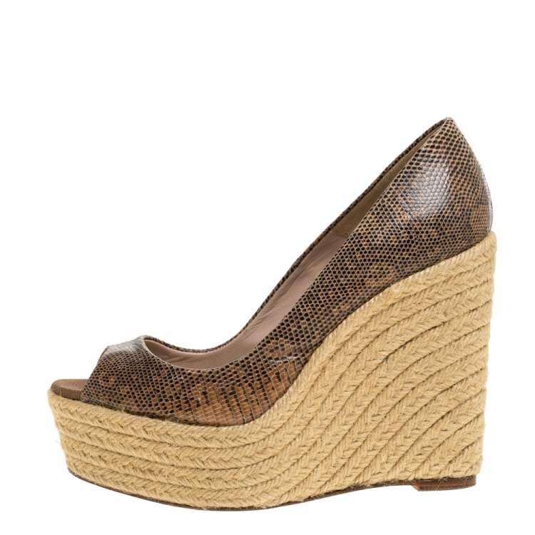 Pre Owned Brian Atwood Lizard Peep Toe Espadrilles Wedge Pumps Size 37