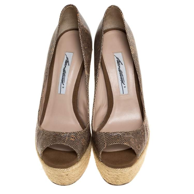 Pre Owned Brian Atwood Lizard Peep Toe Espadrilles Wedge Pumps Size 37