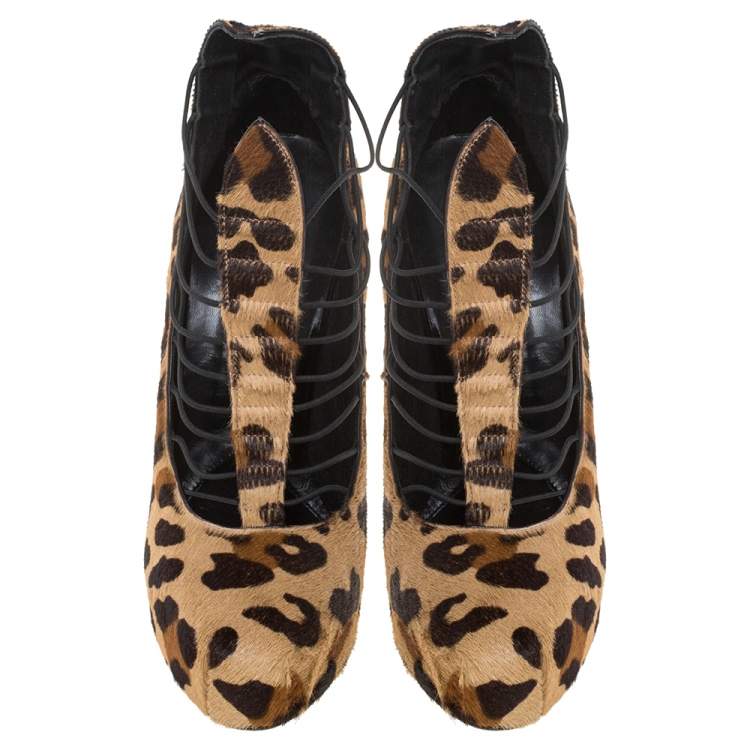 Pre Owned Brian Atwood Brown Leopard Print Calf Hair And Strappy Elastic 'Lola' Platform Pumps Size 38.5