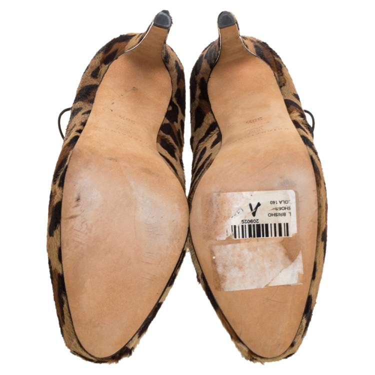Pre Owned Brian Atwood Brown Leopard Print Calf Hair And Strappy Elastic 'Lola' Platform Pumps Size 38.5