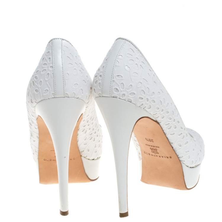Pre Owned Brian Atwood White Floral Embroidered Fabric Peep Toe Platform Pumps Size 39.5