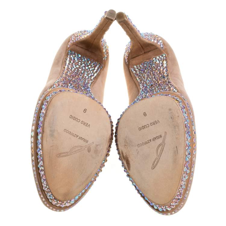Pre Owned Brian Atwood Beige Suede Francoise Crystal Embellished Platform Pumps Size 39.5