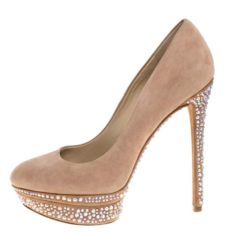 Pre Owned Brian Atwood Beige Suede Francoise Crystal Embellished Platform Pumps Size 39.5