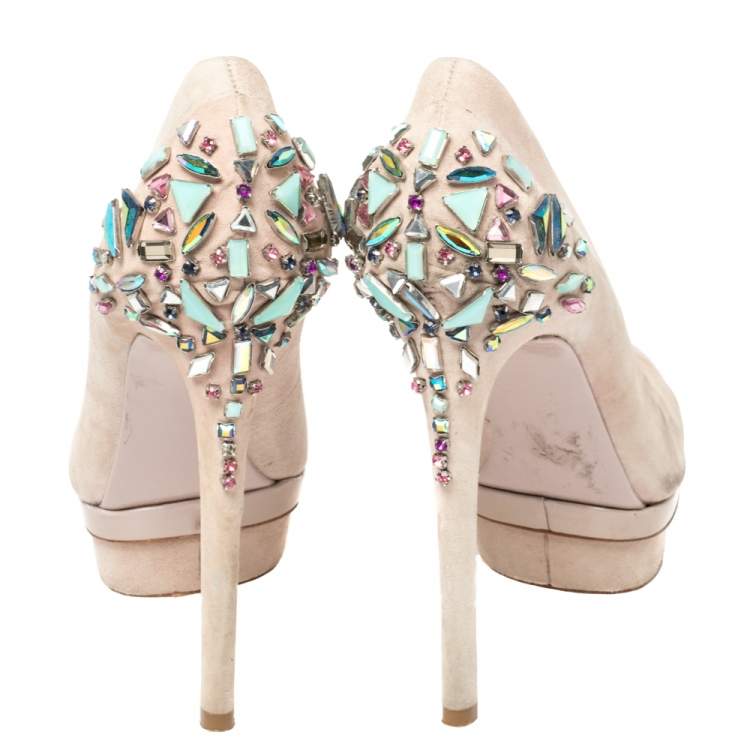 Pre Owned Brian Atwood Blush Pink Suede Crystal Embellished Platform Pumps Size 38.5