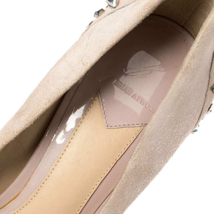 Pre Owned Brian Atwood Blush Pink Suede Crystal Embellished Platform Pumps Size 38.5