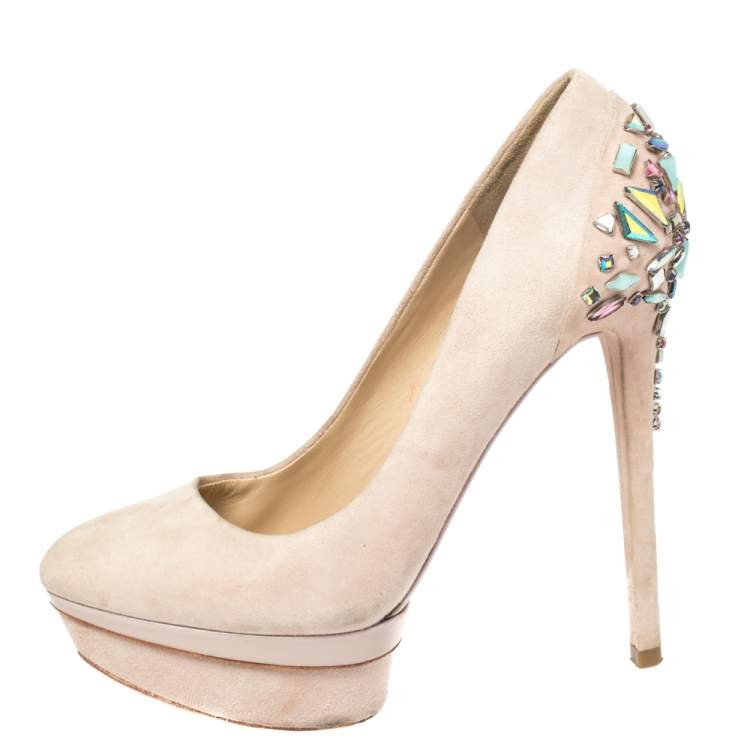 Pre Owned Brian Atwood Blush Pink Suede Crystal Embellished Platform Pumps Size 38.5