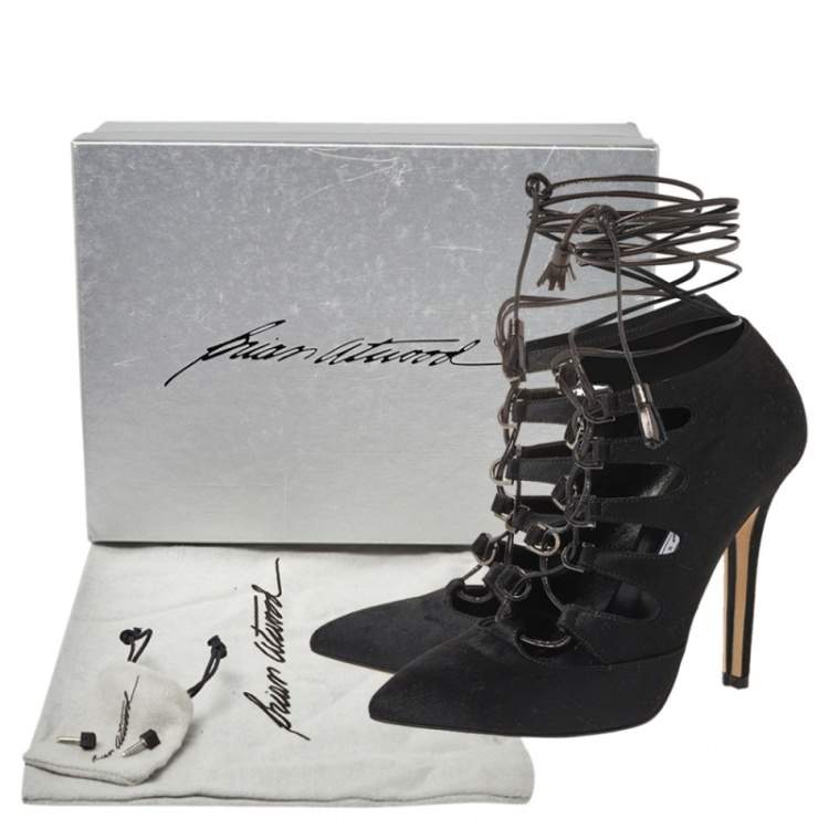 Pre Owned Brian Atwood Black Calf Hair Adelaide Ankle Wrap Pumps Size 38
