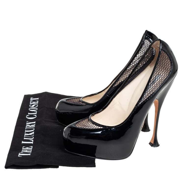 Pre Owned Brian Atwood Black Patent Leather And Mesh Platform Pumps Size 36.5