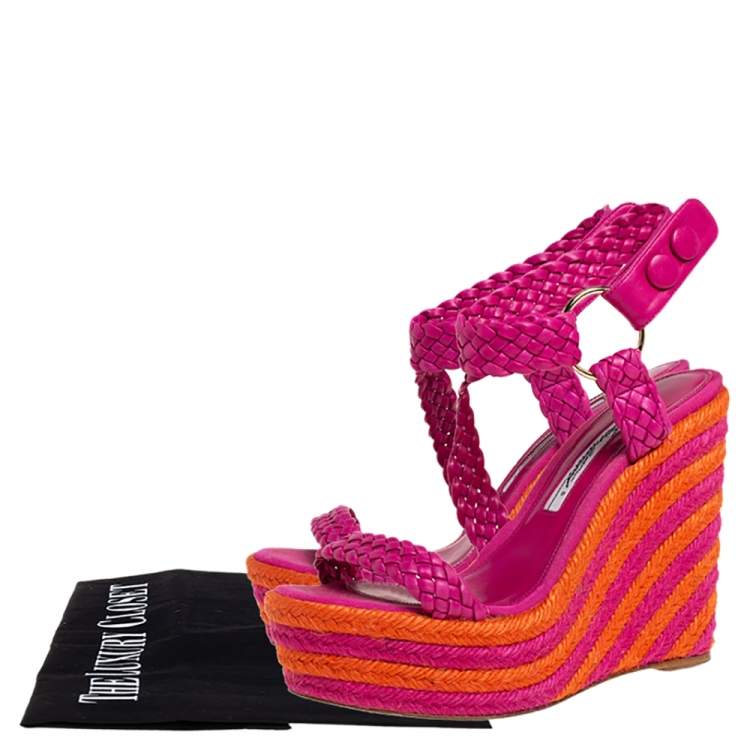 Pre Owned Brian Atwood Pink/Orange Woven Leather Espadrille Wedge Sandals Size 36