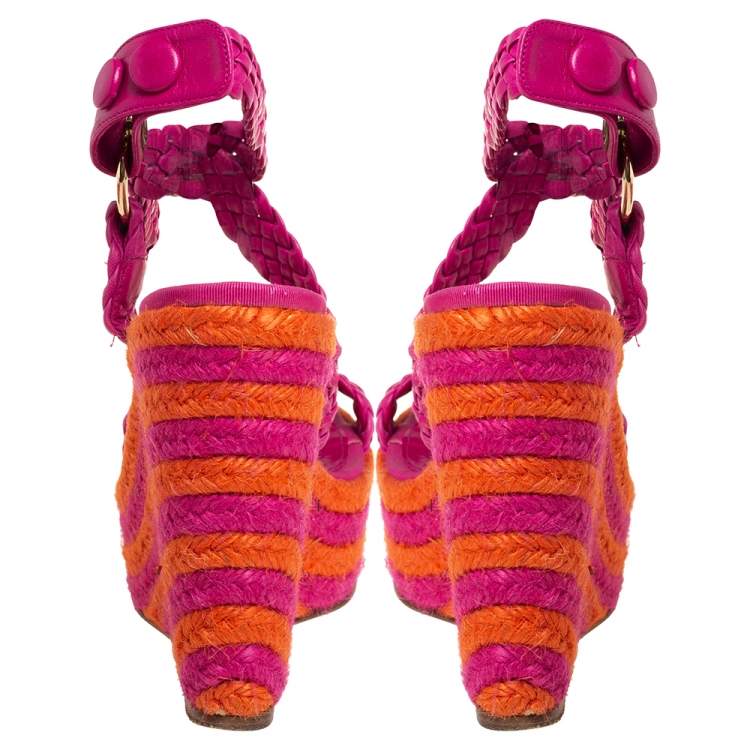 Pre Owned Brian Atwood Pink/Orange Woven Leather Espadrille Wedge Sandals Size 36