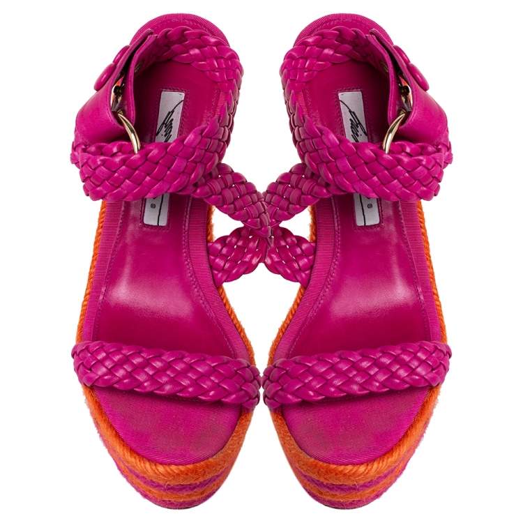 Pre Owned Brian Atwood Pink/Orange Woven Leather Espadrille Wedge Sandals Size 36