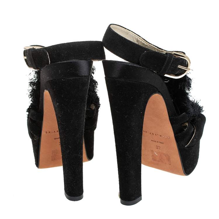 مملوكة مسبقًا Brian Atwood Black Satin And Suede Embellishment Platform Ankle Strap Sandals Size 37