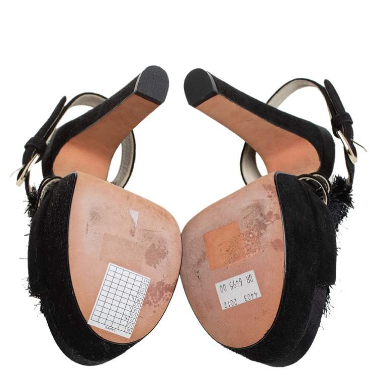 مملوكة مسبقًا Brian Atwood Black Satin And Suede Embellishment Platform Ankle Strap Sandals Size 37