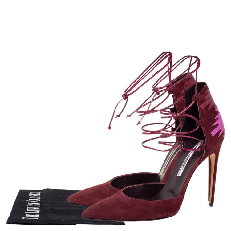 Pre Owned Brian Atwood Burgundy Suede And Leather Patchwork D'orsay Ankle Wrap Pumps Size 38.5