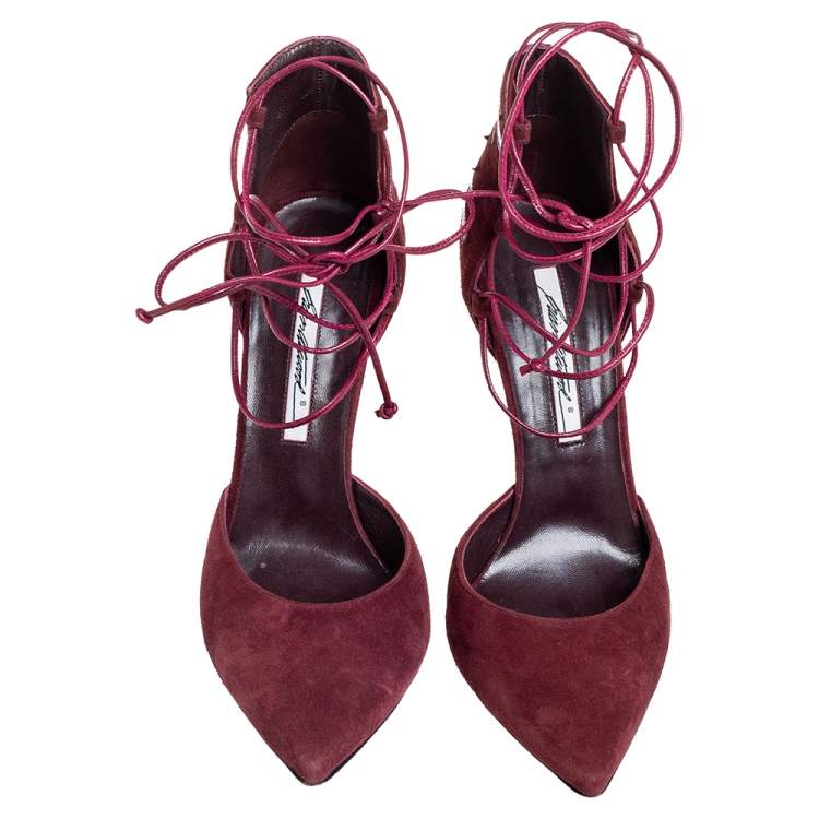 Pre Owned Brian Atwood Burgundy Suede And Leather Patchwork D'orsay Ankle Wrap Pumps Size 38.5