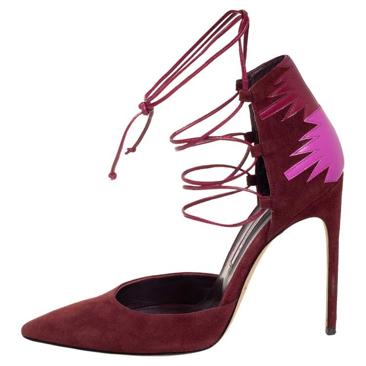 Pre Owned Brian Atwood Burgundy Suede And Leather Patchwork D'orsay Ankle Wrap Pumps Size 38.5