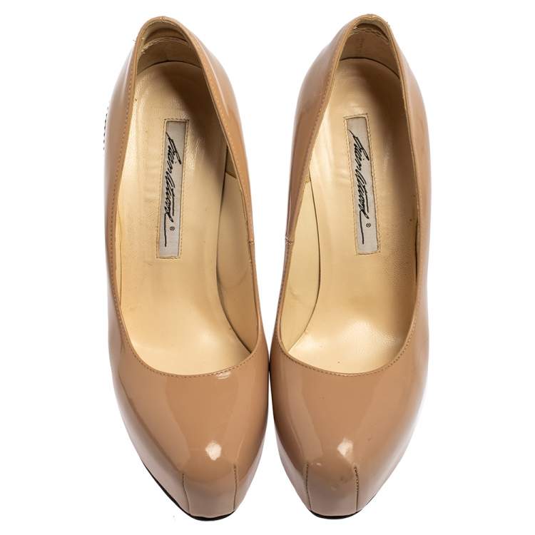 Pre Owned Brian Atwood Beige Patent Leather Platform Pumps Size 36.5