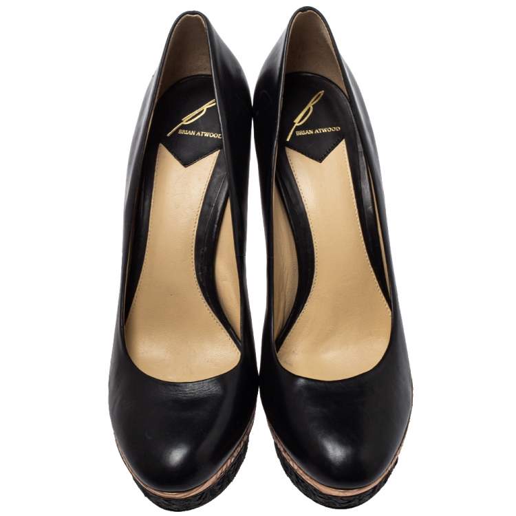 Pre Owned Brian Atwood Black/Gold Leather And Python Embossed Leather Platform Pumps Size 41
