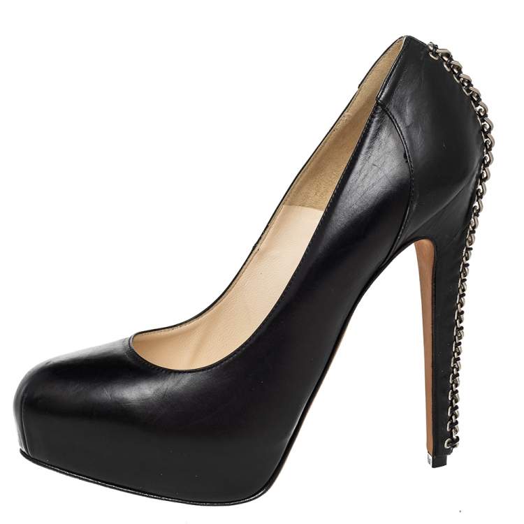 Pre Owned Brian Atwood Black Leather Chain Heel Platform Pumps Size 39.5