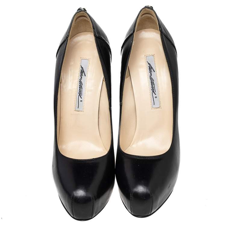 Pre Owned Brian Atwood Black Leather Chain Heel Platform Pumps Size 39.5