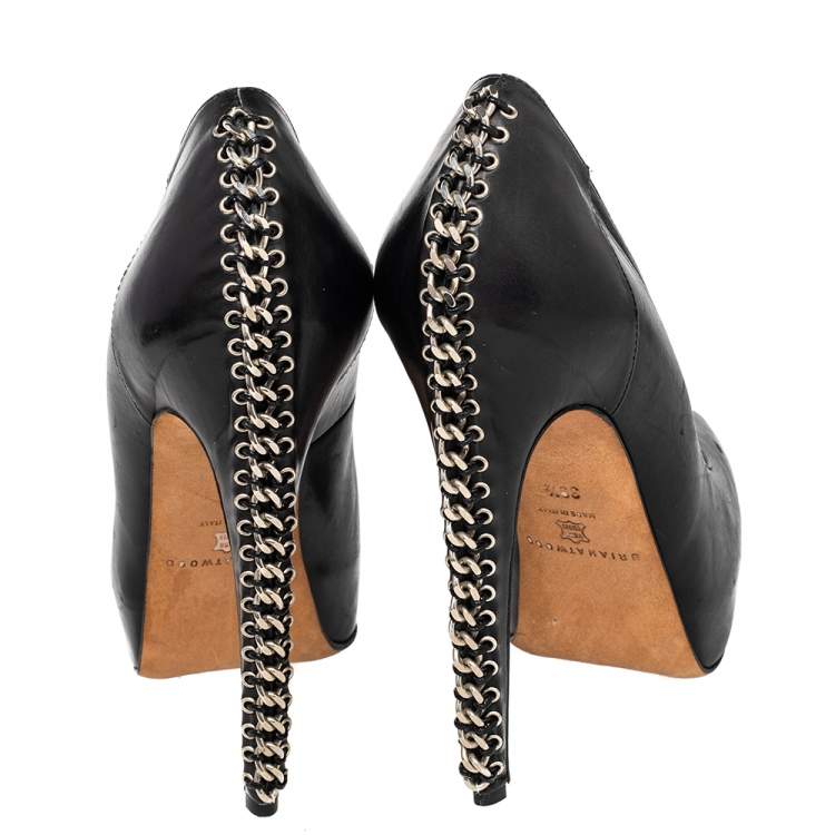 Pre Owned Brian Atwood Black Leather Chain Heel Platform Pumps Size 39.5