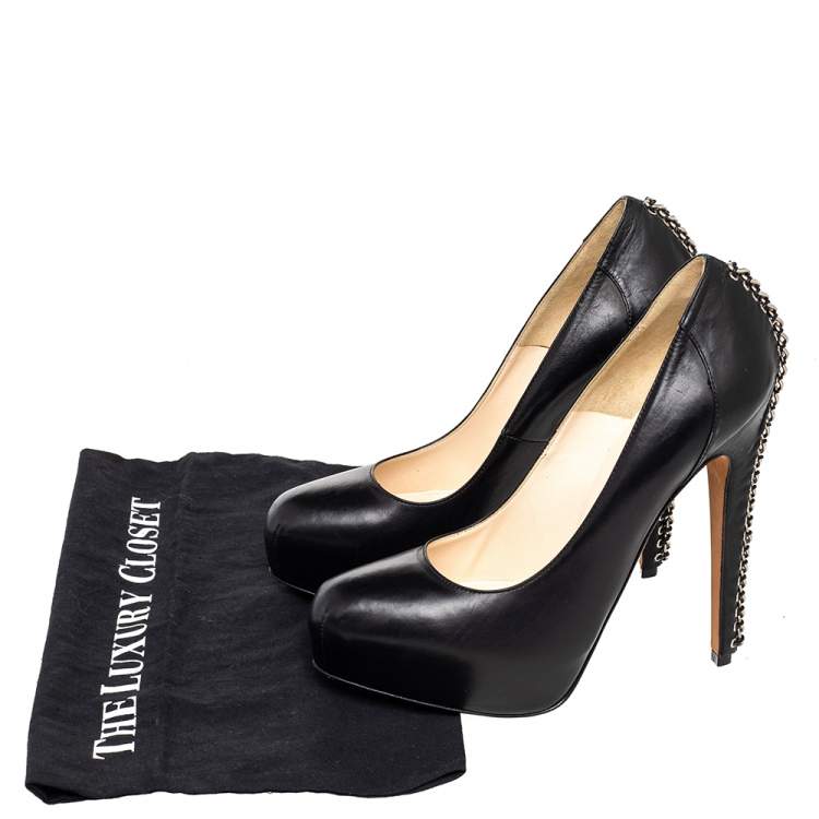 Pre Owned Brian Atwood Black Leather Chain Heel Platform Pumps Size 39.5