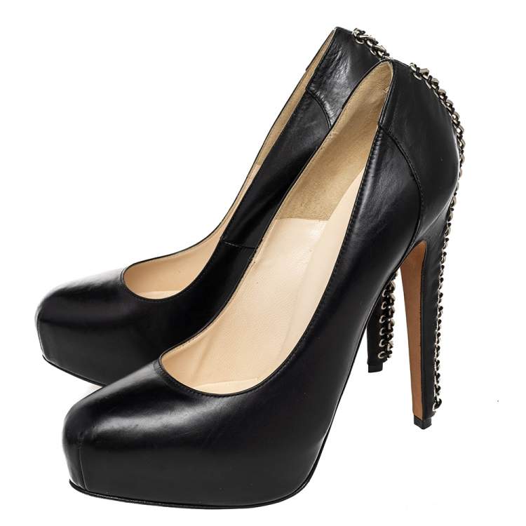 Pre Owned Brian Atwood Black Leather Chain Heel Platform Pumps Size 39.5