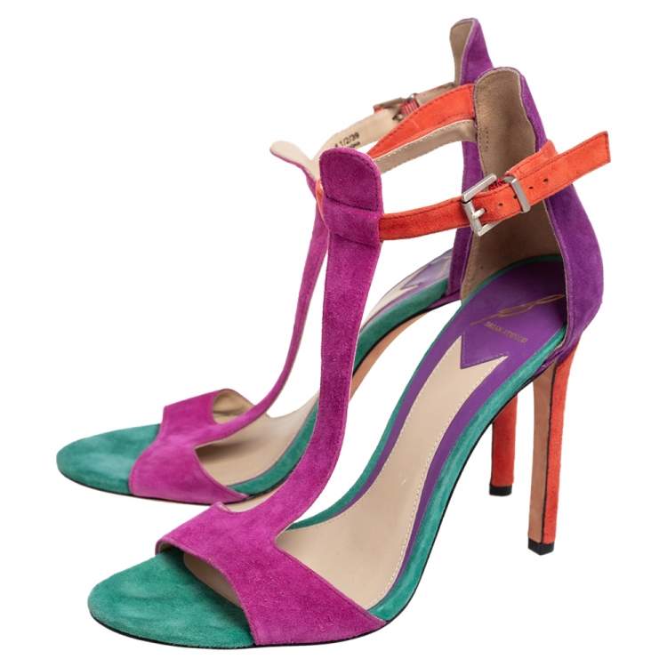 Pre Owned Brian Atwood Multicolor Suede T Strap Open Toe Sandals Size 39 