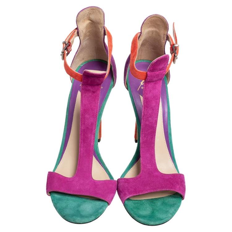 Pre Owned Brian Atwood Multicolor Suede T Strap Open Toe Sandals Size 39 