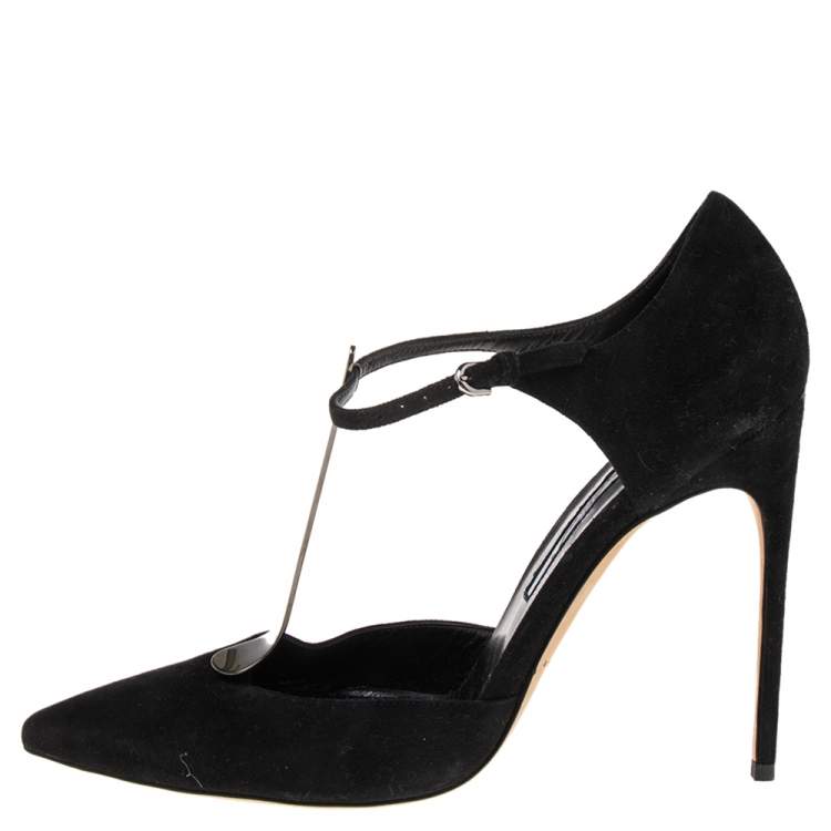 Pre Owned Brian Atwood Black Suede Metal T-Strap Pointe Toe Sandal Size 40