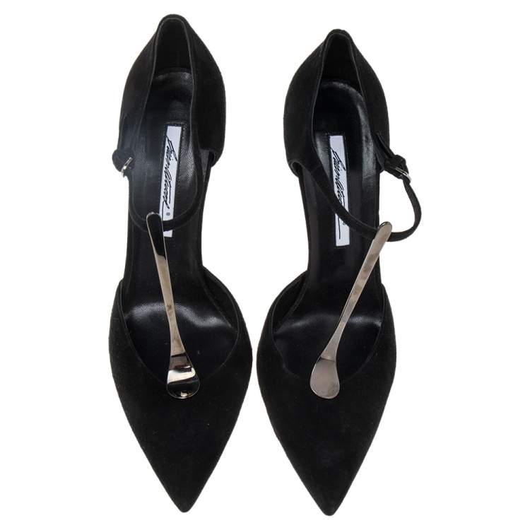 Pre Owned Brian Atwood Black Suede Metal T-Strap Pointe Toe Sandal Size 40