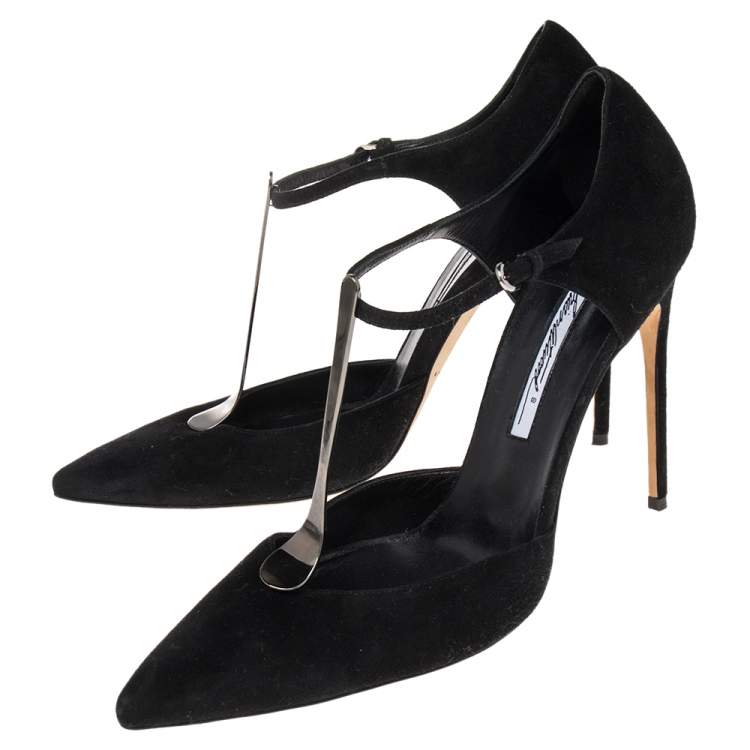 Pre Owned Brian Atwood Black Suede Metal T-Strap Pointe Toe Sandal Size 40