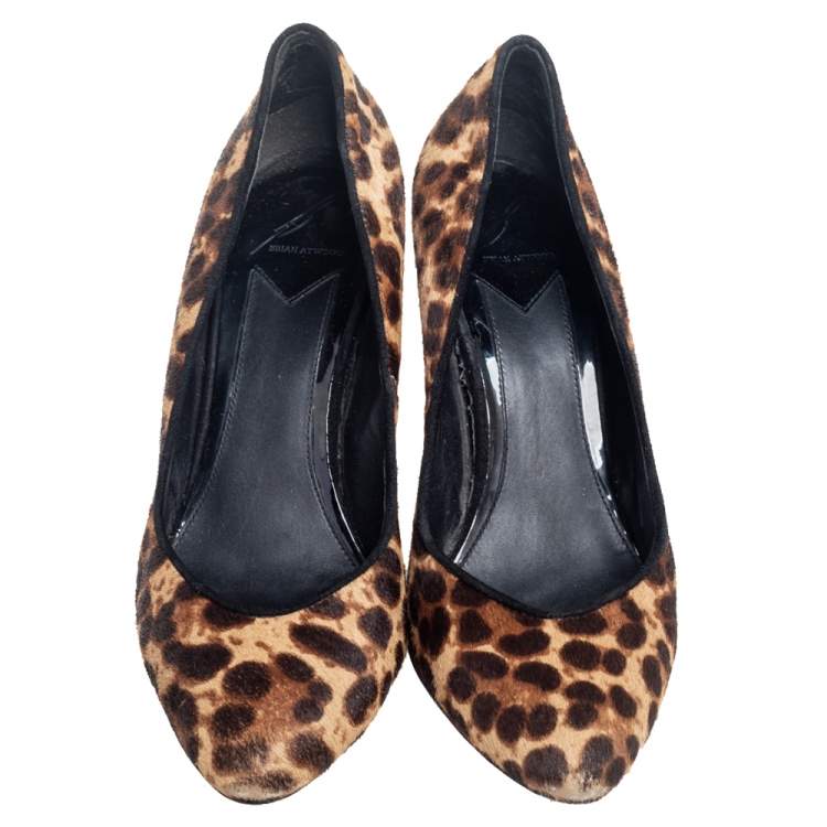 Pre Owned Brian Atwood Brown Leopard Print Pony Hair Wedge Pumps Size 39.5
