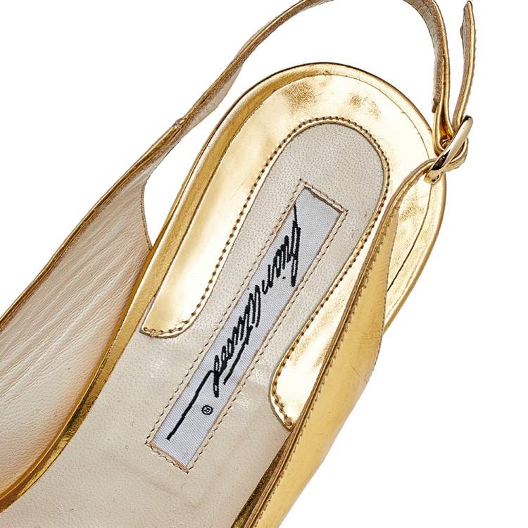 Pre Owned Brian Atwood Gold Leather Peep Toe Slingback Pumps Size 38