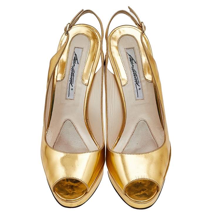 Pre Owned Brian Atwood Gold Leather Peep Toe Slingback Pumps Size 38