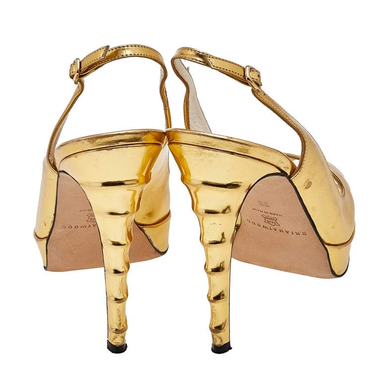 Pre Owned Brian Atwood Gold Leather Peep Toe Slingback Pumps Size 38