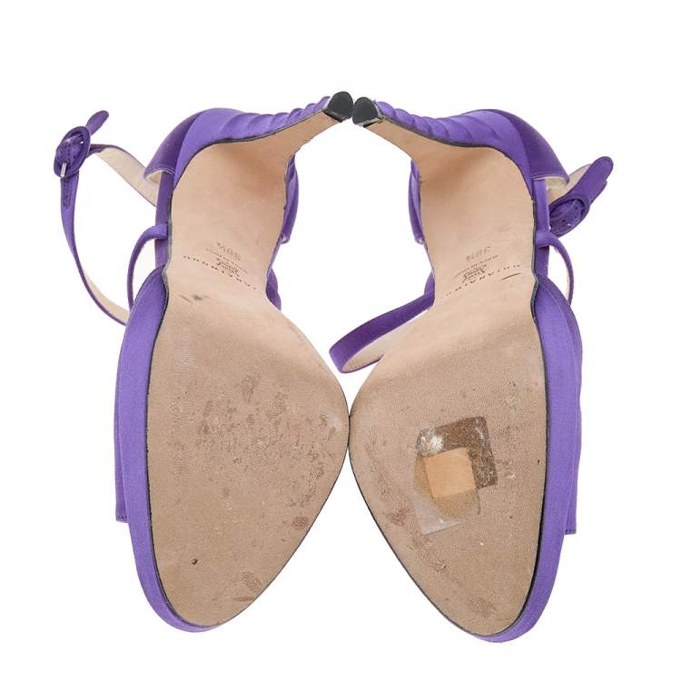Pre Owned Brian Atwood Purple Satin Platform Ankle Strap Sandals Size 38.5