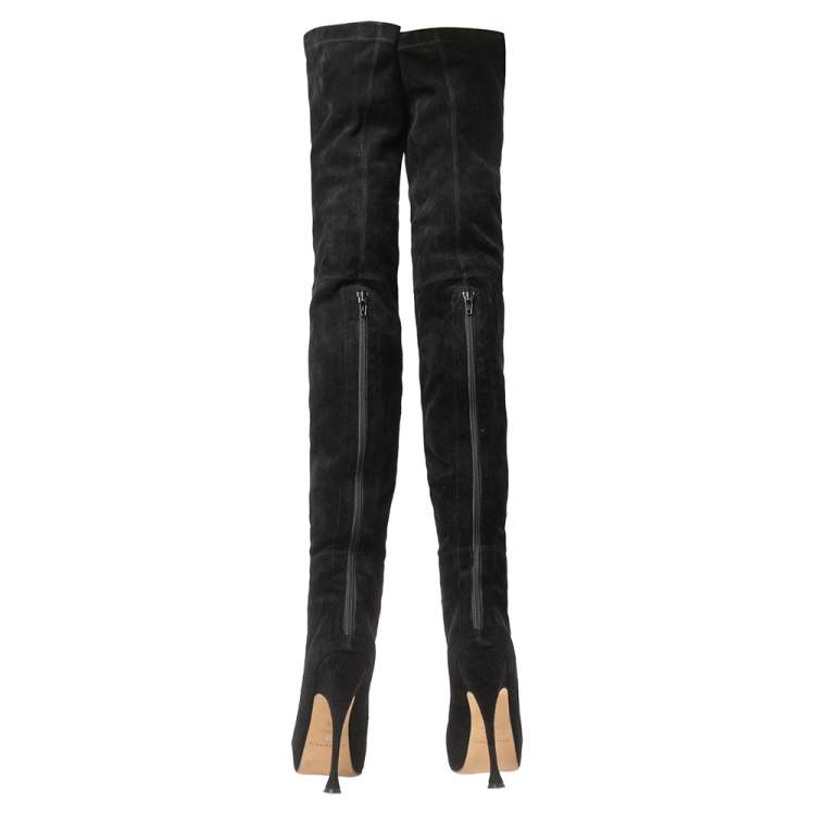 Pre Owned Brian Atwood Black Suede Knee Length Boots Size 37.5