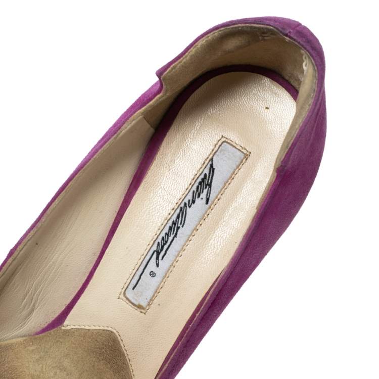 Pre Owned Brian Atwood Magenta Suede Embellished Chain Heel Peep-Toe Pumps Size 37