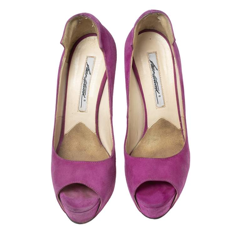 Pre Owned Brian Atwood Magenta Suede Embellished Chain Heel Peep-Toe Pumps Size 37