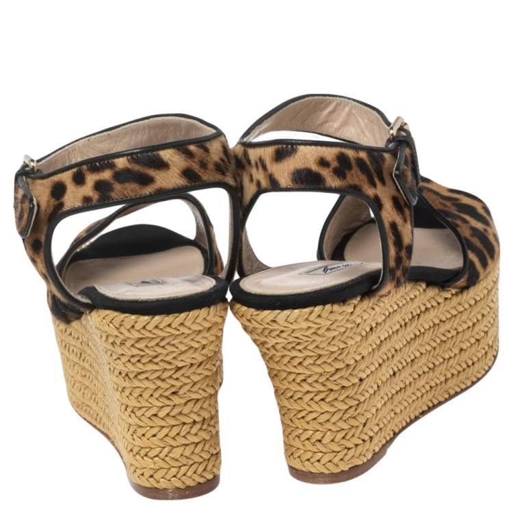 Pre Owned Brian Atwood Beige/Black Pony Hair Espadrille Wedge Sandals Size 39